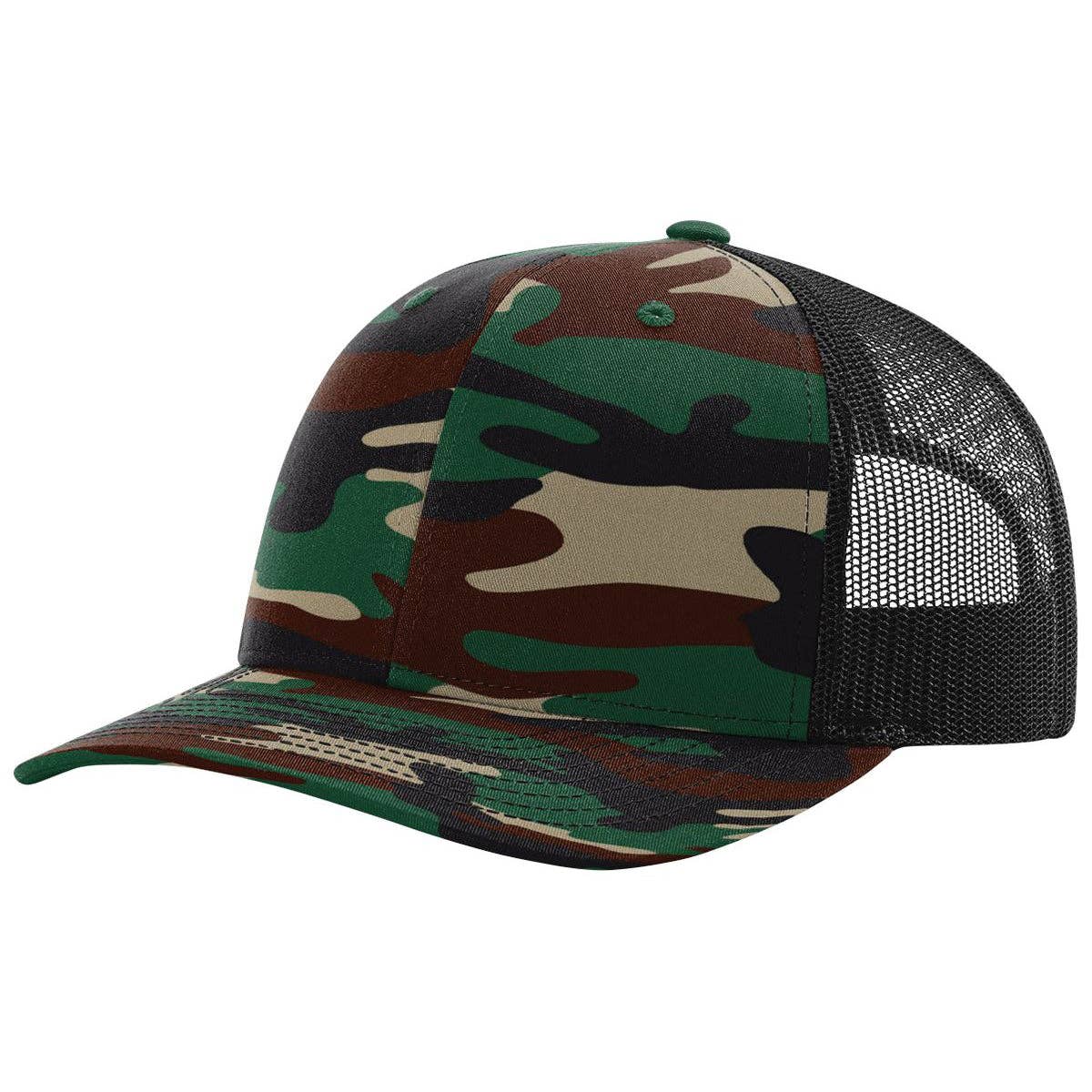 Richardson 112P Printed Trucker Hat Snapback Cap: Army Green Camo/Black