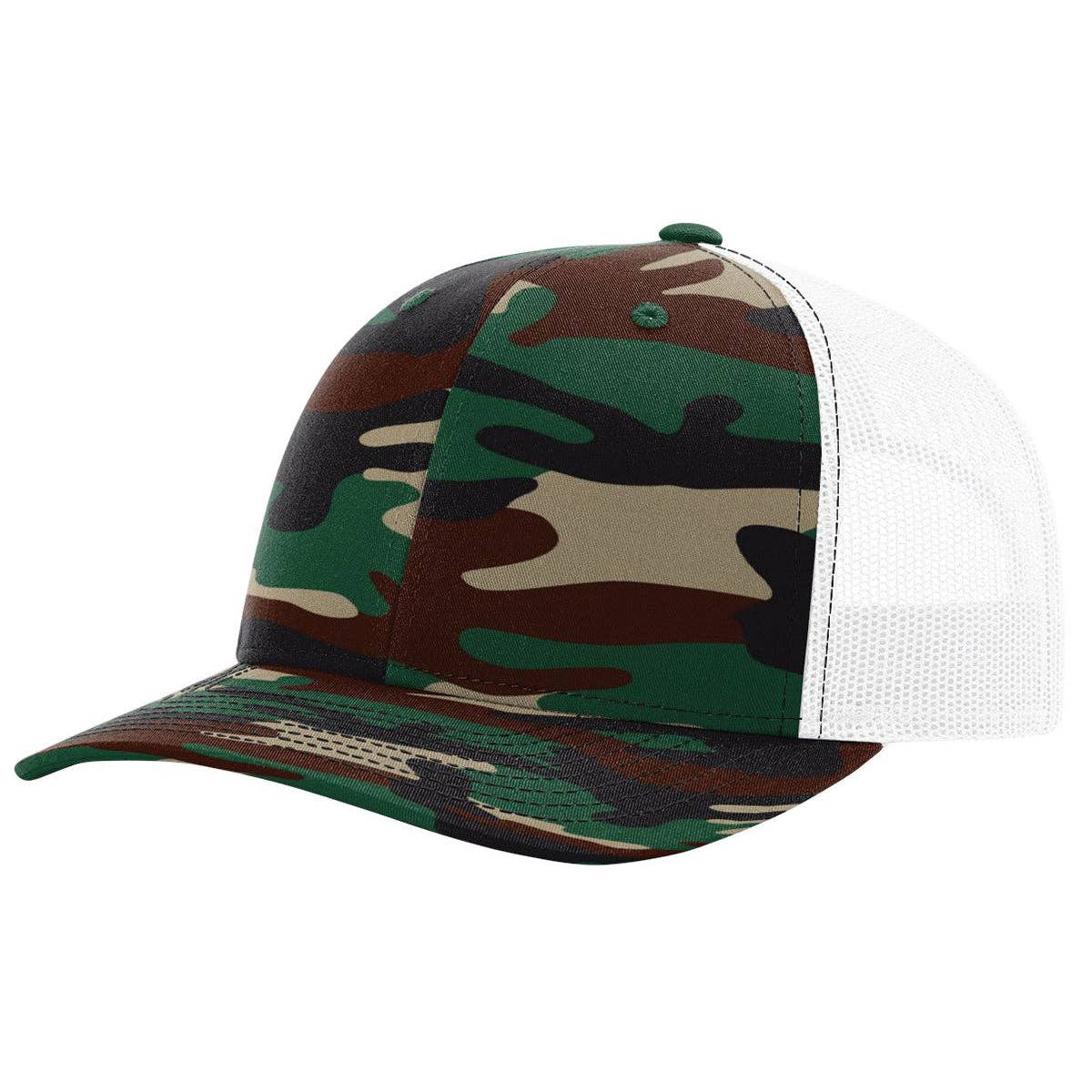 Richardson 112P Printed Trucker Hat Snapback Cap: Army Green Camo/Black
