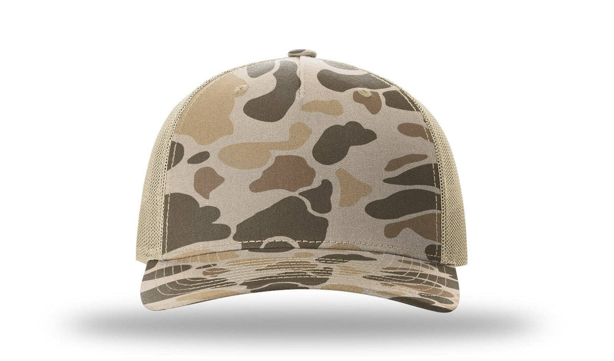 Richardson 112PFP Printed Five Panel Trucker Cap New Colors for 2025: Harvest Duck Camo/Light Tan