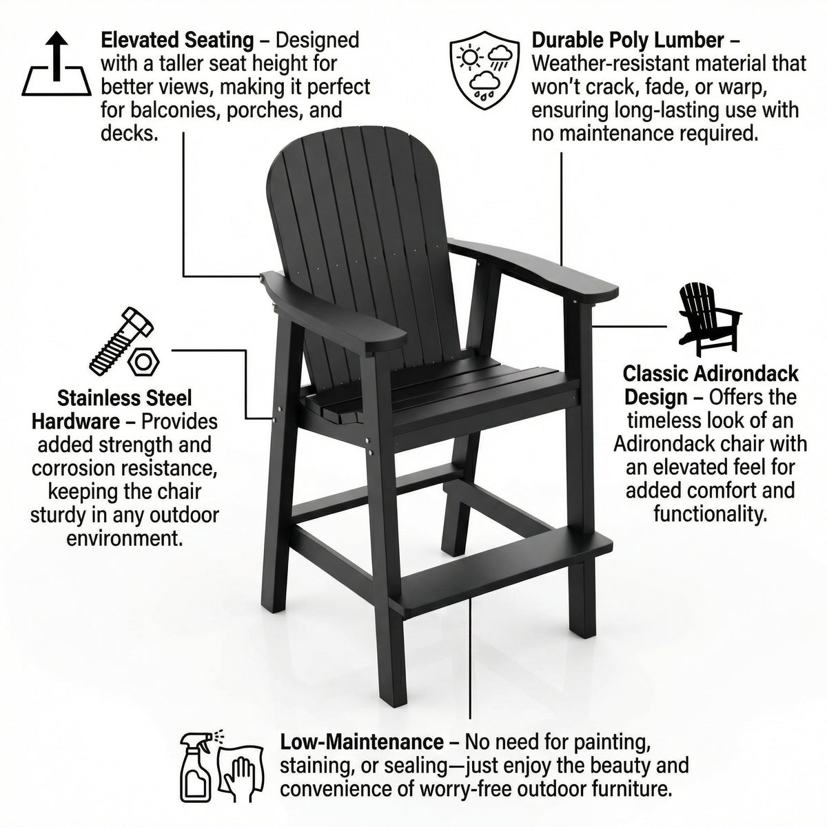 Black Adirondack chair with features highlighted on a white background