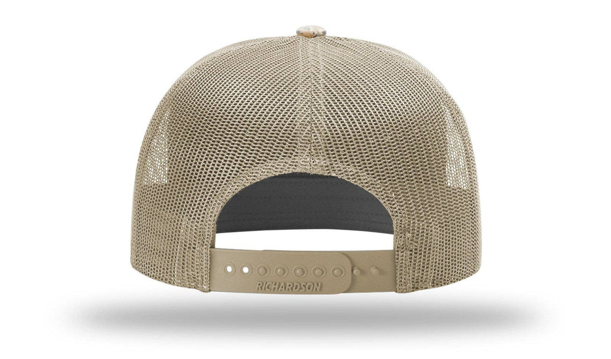 Richardson 168P Printed 7 Panel Trucker Hat: Realtree Advantage/Khaki