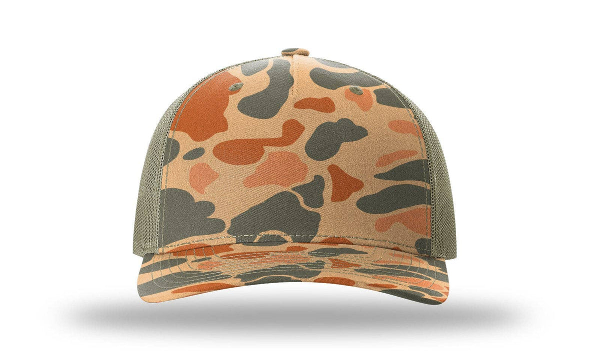 Richardson 112PFP Printed Five Panel Trucker Cap New Colors for 2025: Harvest Duck Camo/Light Tan