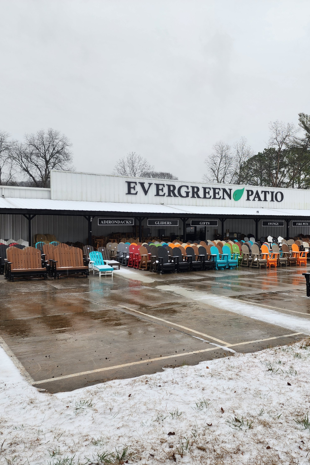 Evergreen Patio’s Poly Lumber Adirondack Chairs and Heavy Duty Steel Fire Pits In the Snow!