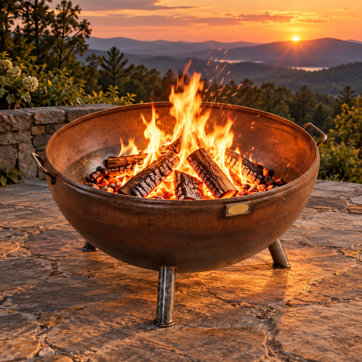 Evergreen Patio steel fire pit burning at sunset