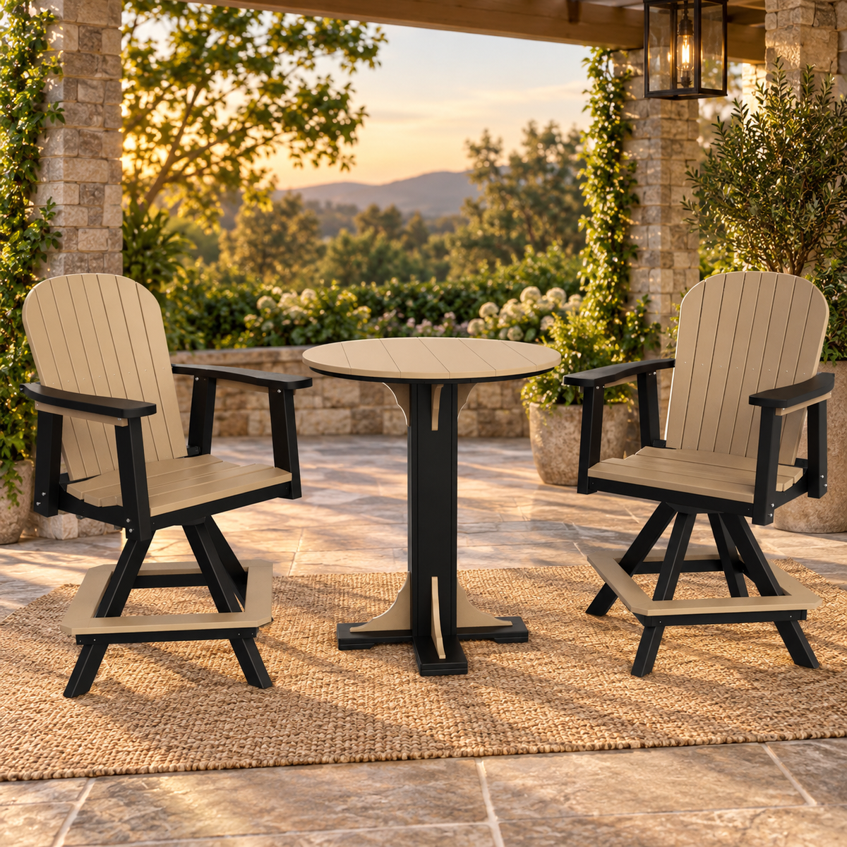 Evergreen Patio counter-height table and two swivel chairs