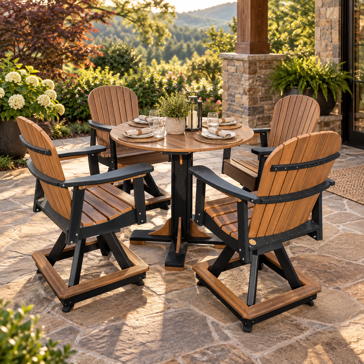 Evergreen Patio five-piece outdoor dining set on a covered stone patio
