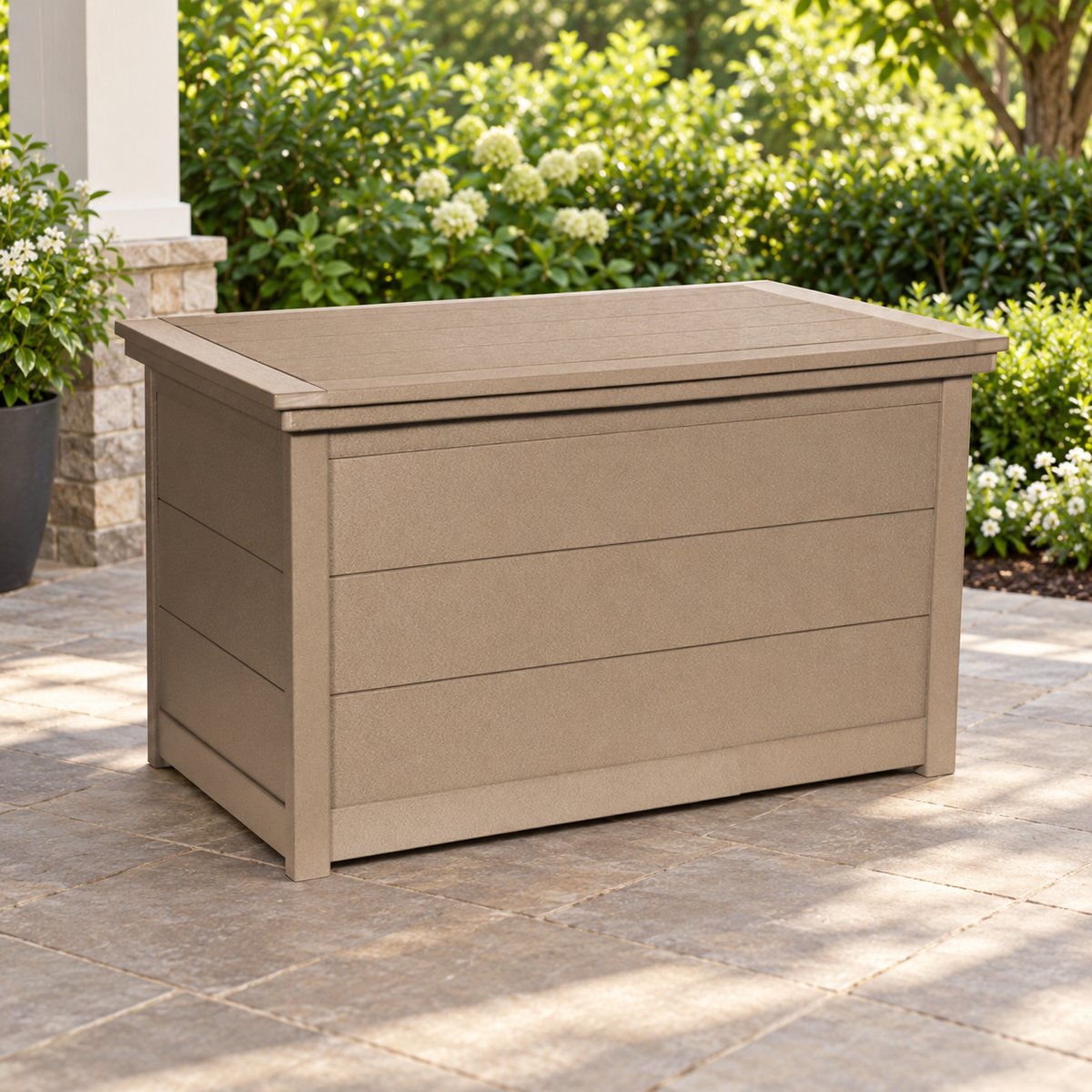 Evergreen Patio outdoor storage box on a covered patio