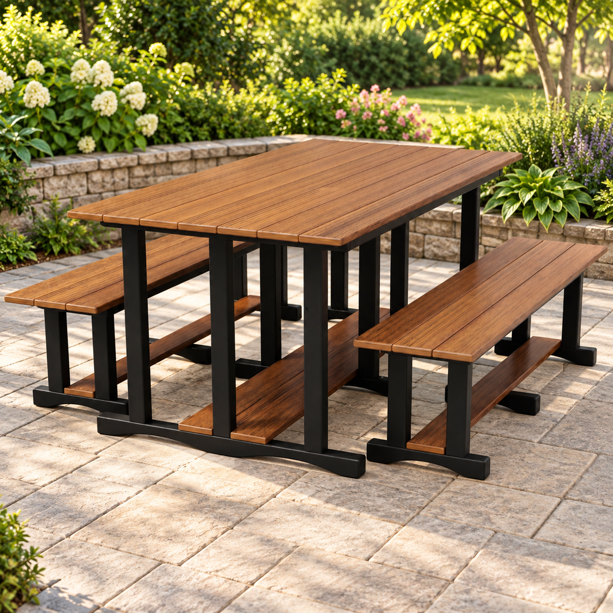 Evergreen Patio poly picnic table set on a garden patio