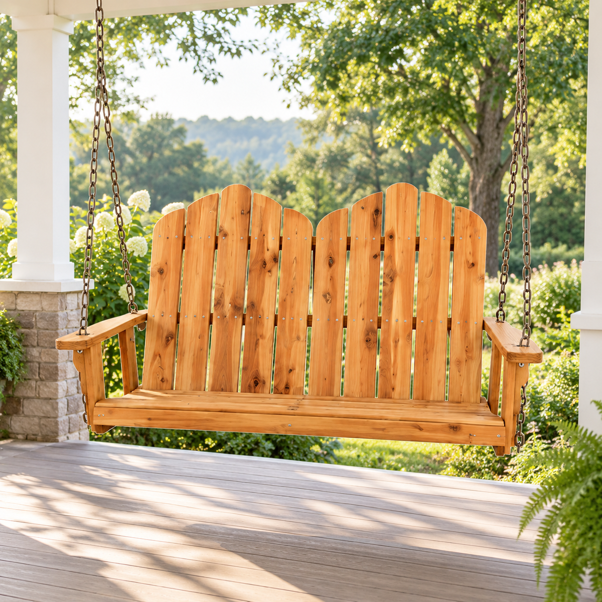 Evergreen Patio cedar double swing on a covered porch
