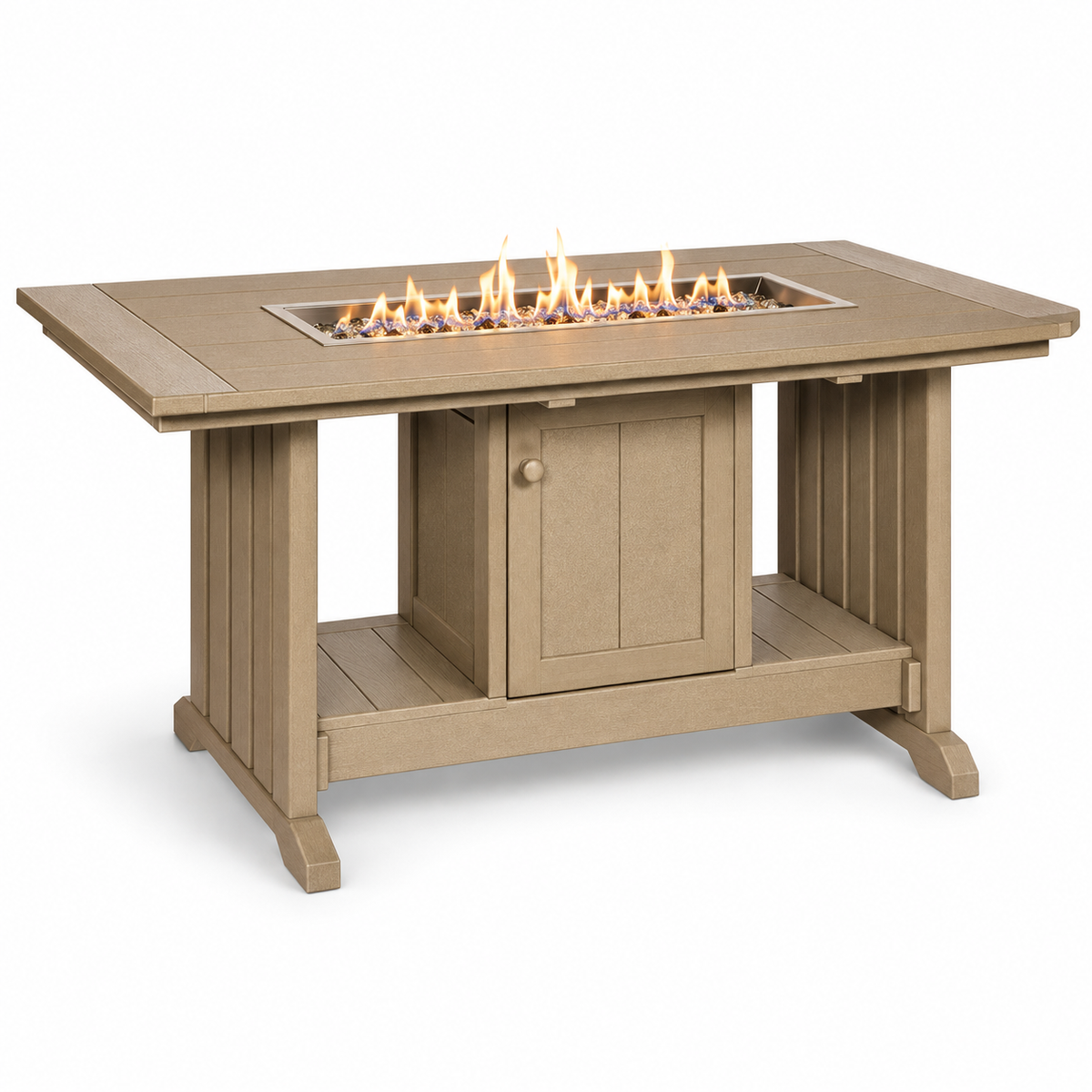 Evergreen Patio outdoor fire table on a covered patio at blue hour
