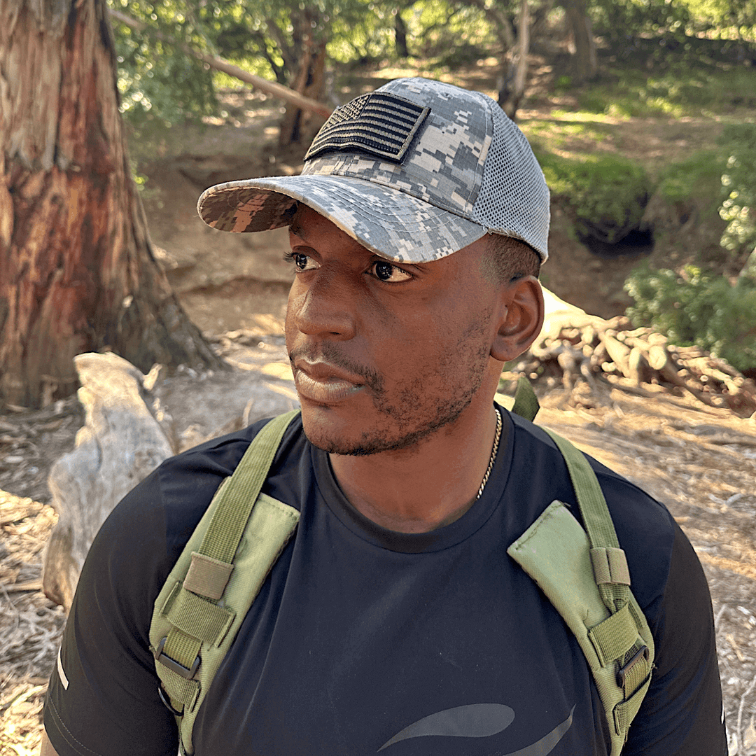 Army-Style  Outdoor Patch Hat with Adjustable Strap: Black Camo