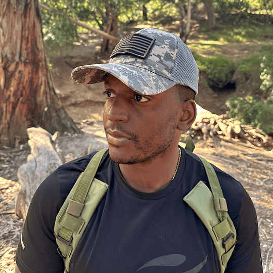 Army-Style  Outdoor Patch Hat with Adjustable Strap: Black Camo