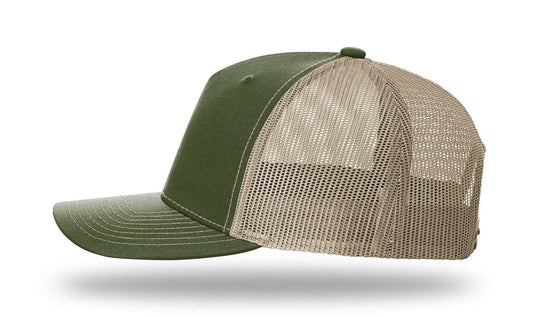 Richardson 112FP - 5-Panel Premium Trucker Snapback Hat: Army Olive/Tan