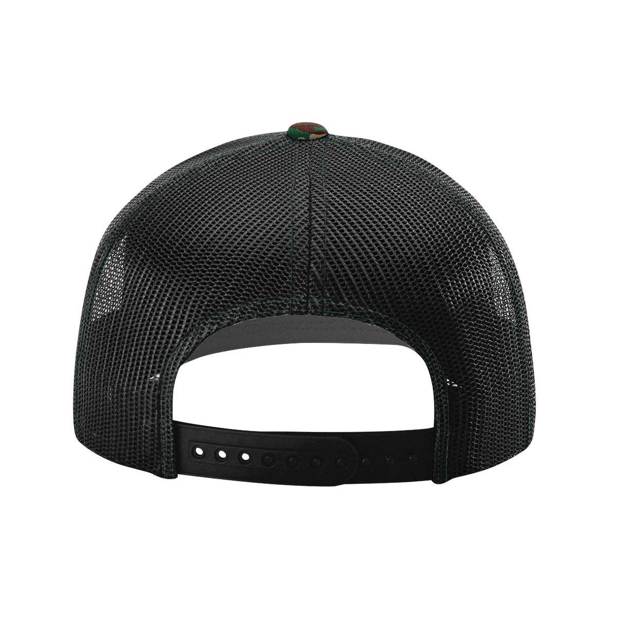 Richardson 112P Printed Trucker Hat Snapback Cap: Army Green Camo/Black