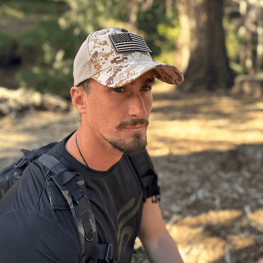 Army-Style  Outdoor Patch Hat with Adjustable Strap: Black Camo