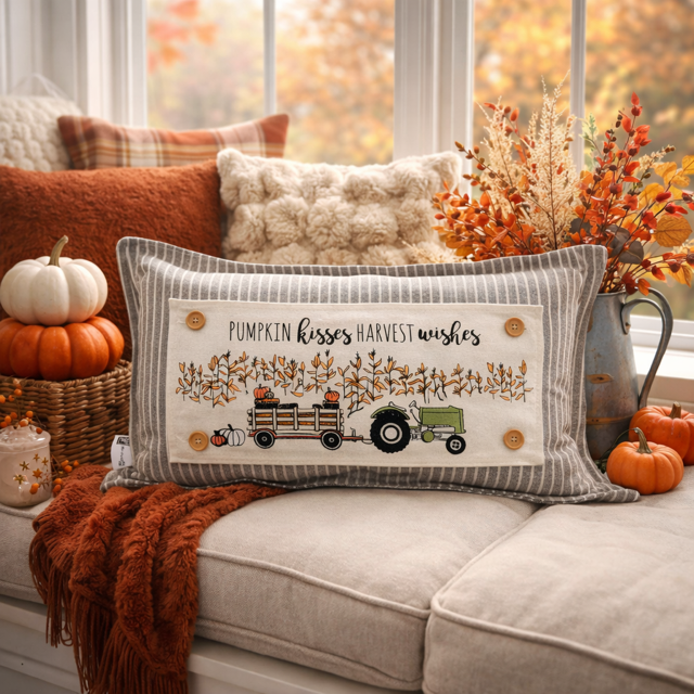 PANEL ONLY: Fall Autumn, pumpkins, cornstalks, field TRACTOR