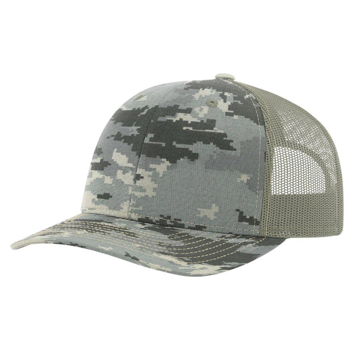 Richardson 112P Printed Trucker Hat Snapback Cap: Army Green Camo/Black