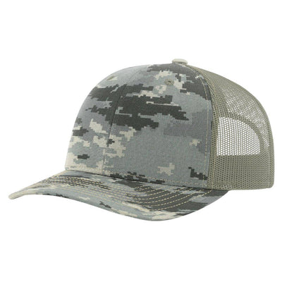 Richardson 112P Printed Trucker Hat Snapback Cap: Army Green Camo/Black