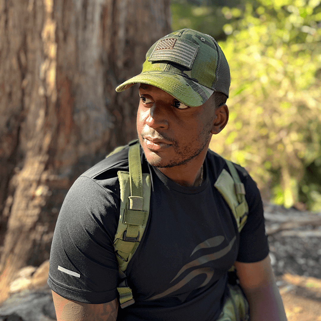 Army-Style  Outdoor Patch Hat with Adjustable Strap: Black Camo