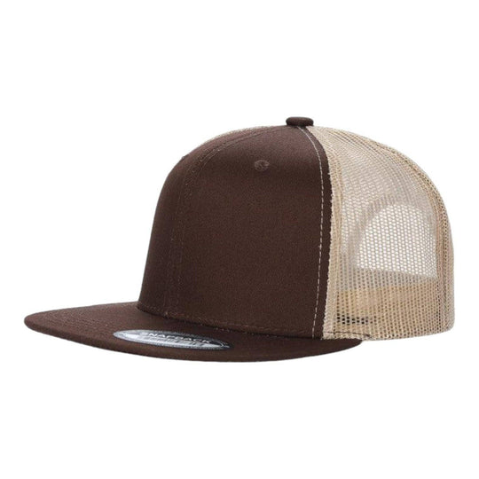 Unbranded 6-Panel Trucker Hat, Blank Flat Bill Mesh Cap: Brown/Khaki