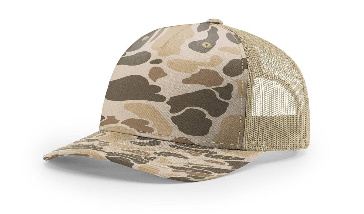 Richardson 112PFP Printed Five Panel Trucker Cap New Colors for 2025: Harvest Duck Camo/Light Tan