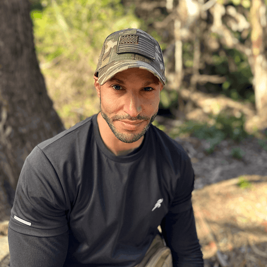 Army-Style  Outdoor Patch Hat with Adjustable Strap: Black Camo