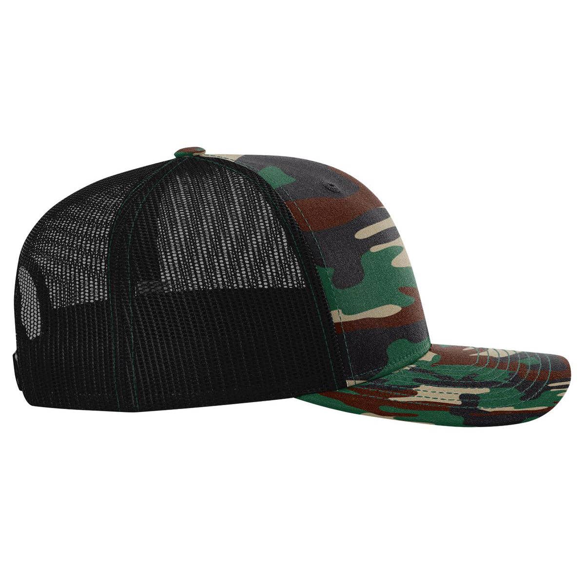 Richardson 112P Printed Trucker Hat Snapback Cap: Army Green Camo/Black
