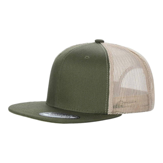 6-Panel Trucker Hat, Blank Flat Bill Mesh Cap: Olive/Khaki