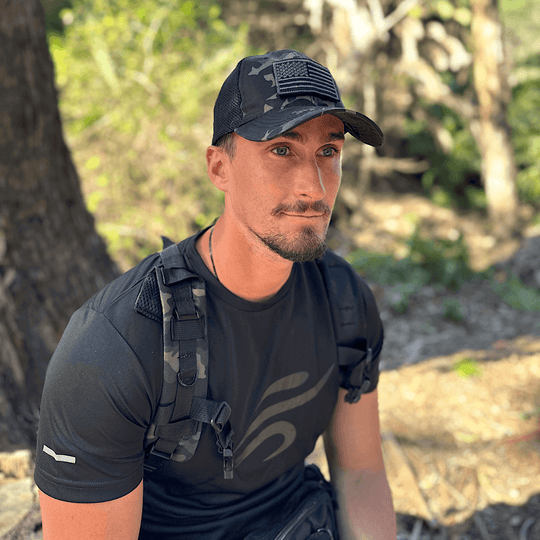 Army-Style  Outdoor Patch Hat with Adjustable Strap: Black Camo