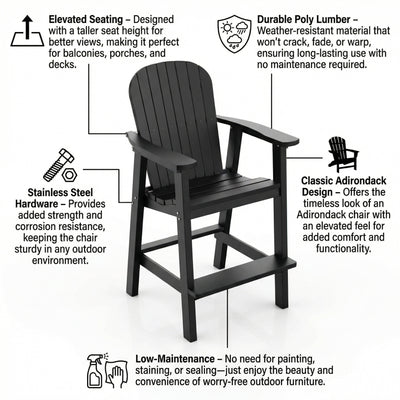Black Adirondack chair with features highlighted on a white background