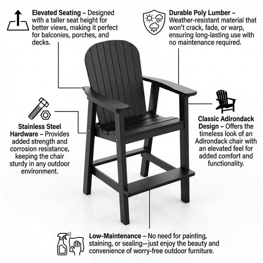 Black Adirondack chair with features highlighted on a white background