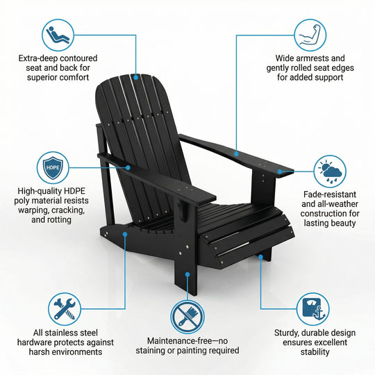 Black Adirondack chair with features highlighted on a white background