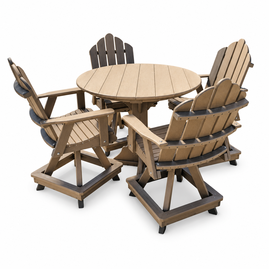 A 5-piece outdoor patio set featuring a round slatted table and four Adirondack-style chairs in a two-tone brown color scheme, shown on a solid white background.