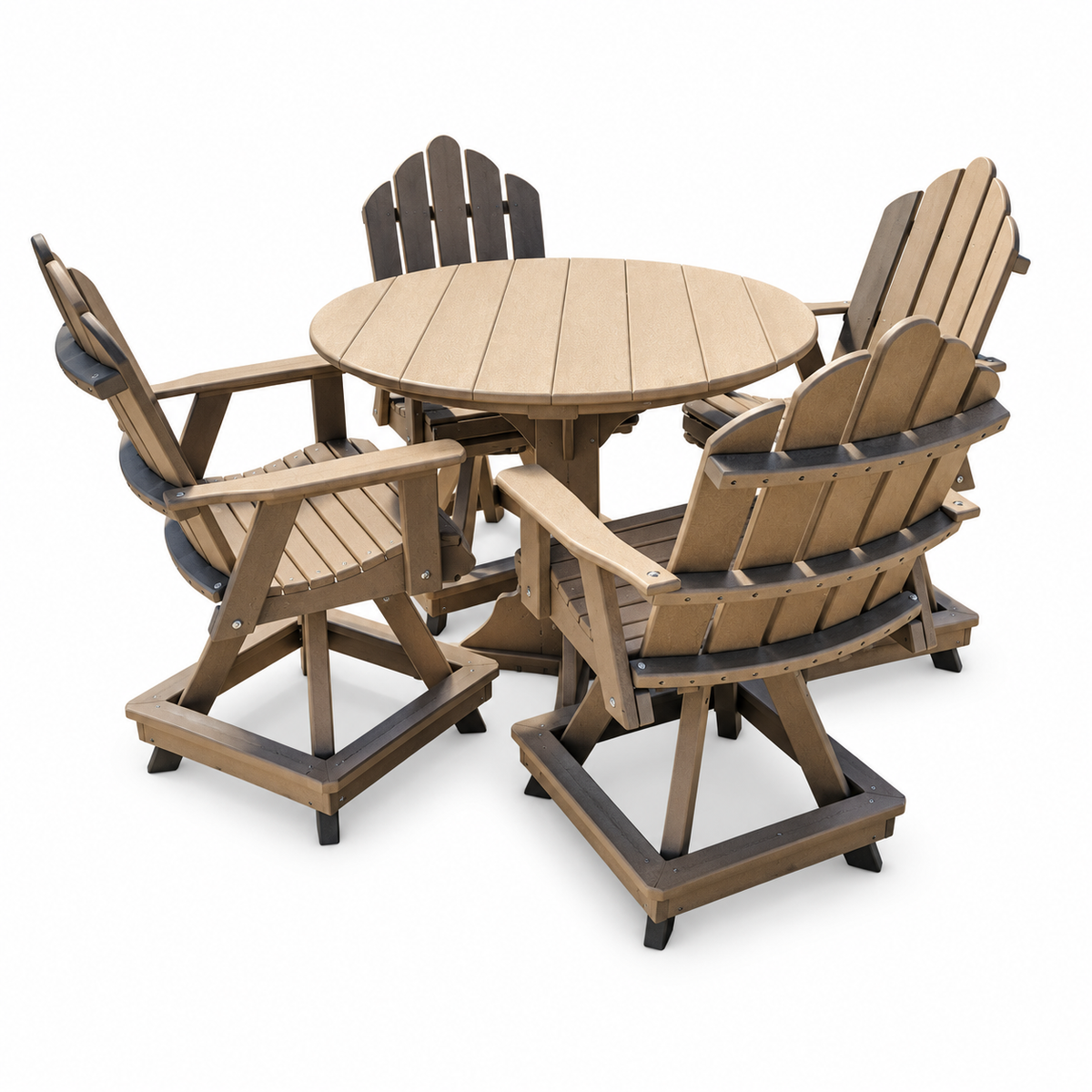 A 5-piece outdoor patio set featuring a round slatted table and four Adirondack-style chairs in a two-tone brown color scheme, shown on a solid white background.