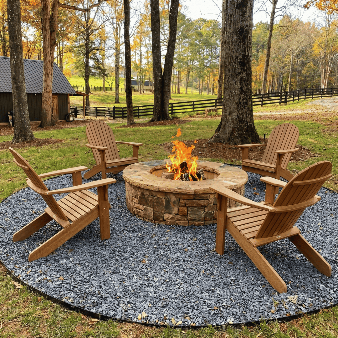 Wooden Adirondack chairs around a fire pit in a forest setting