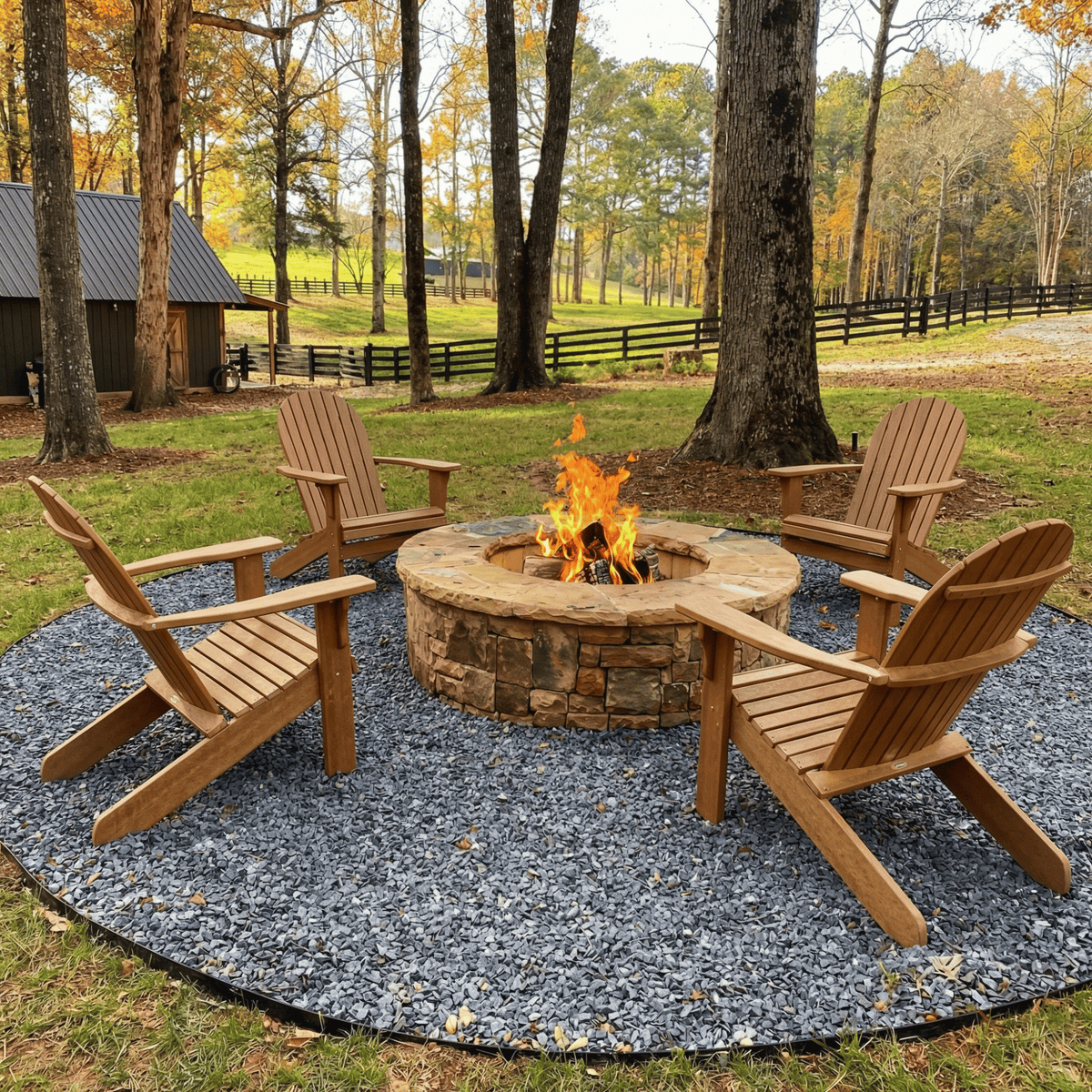 Wooden Adirondack chairs around a fire pit in a forest setting