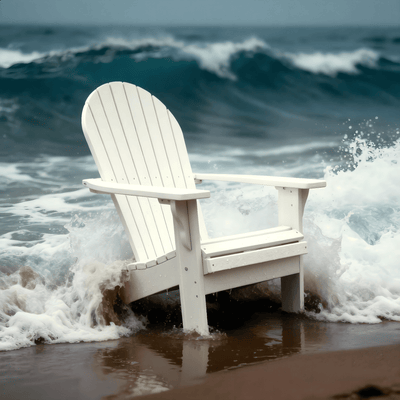 White Adirondack chair on a beach with waves crashing around it