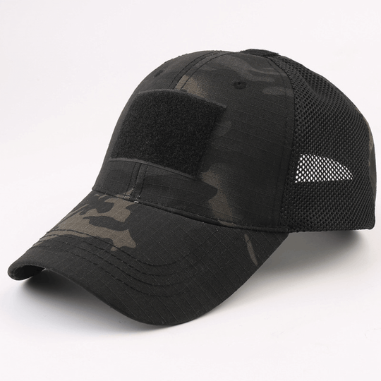 Army-Style  Outdoor Patch Hat with Adjustable Strap: Black Camo