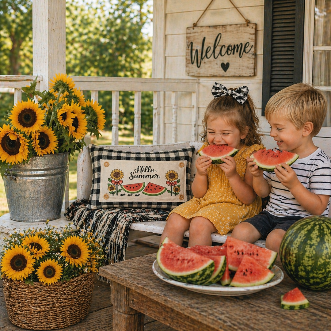 PANEL ONLY: RECTANGLE Hello Summer; Red Gingham Picnic Table WATERMELONS AND SUNFLOWERS with BOWS
