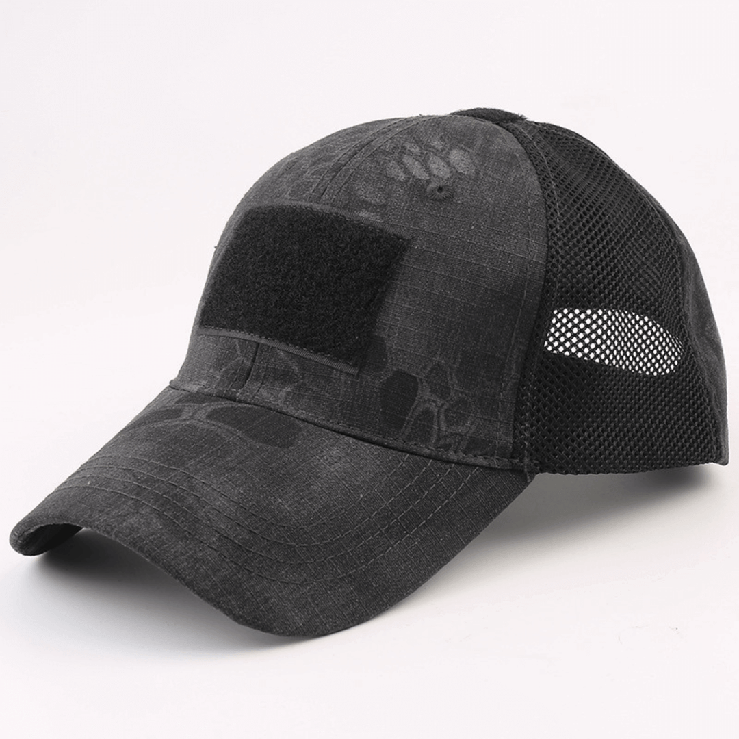 Army-Style  Outdoor Patch Hat with Adjustable Strap: Black Camo