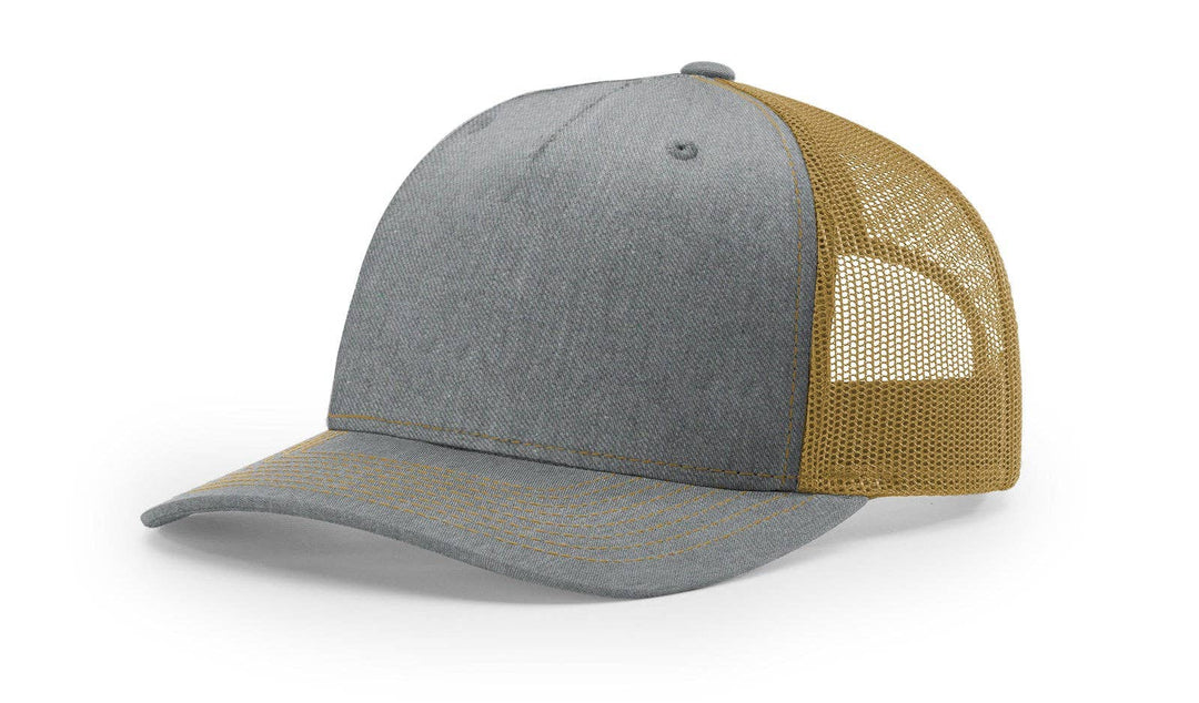 Richardson 112FP - 5-Panel Premium Trucker Snapback Hat: Heather Grey/Amber Gold