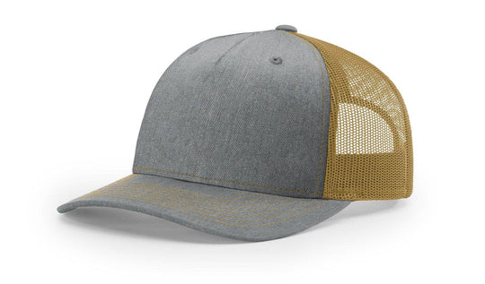 Richardson 112FP - 5-Panel Premium Trucker Snapback Hat: Heather Grey/Amber Gold
