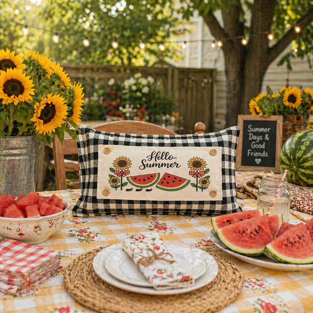 PANEL ONLY: RECTANGLE Hello Summer; Red Gingham Picnic Table WATERMELONS AND SUNFLOWERS with BOWS