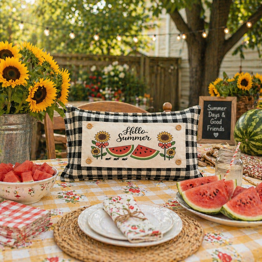 PANEL ONLY: RECTANGLE Hello Summer; Red Gingham Picnic Table WATERMELONS AND SUNFLOWERS with BOWS