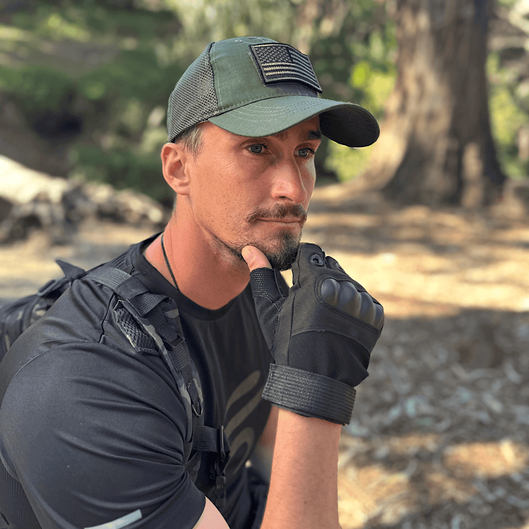 Army-Style  Outdoor Patch Hat with Adjustable Strap: Black Camo