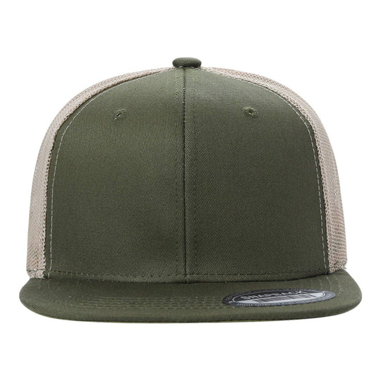 6-Panel Trucker Hat, Blank Flat Bill Mesh Cap: Olive/Khaki
