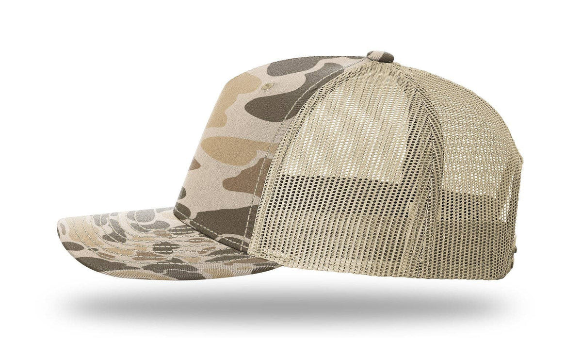 Richardson 112PFP Printed Five Panel Trucker Cap New Colors for 2025: Harvest Duck Camo/Light Tan