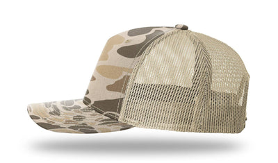 Richardson 112PFP Printed Five Panel Trucker Cap New Colors for 2025: Harvest Duck Camo/Light Tan