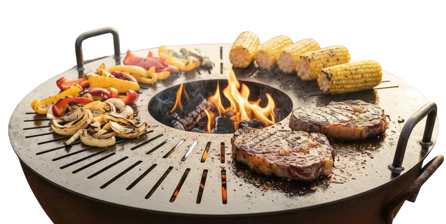 A round outdoor fire pit grill with handles sits on a gravel patio, cooking two steaks, corn on the cob, and sliced peppers and mushrooms over an open flame. Two patio chairs and stacked firewood are visible in the background of this backyard scene.