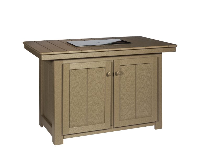 Beige outdoor storage cabinet with two paneled doors and a slatted countertop surface
